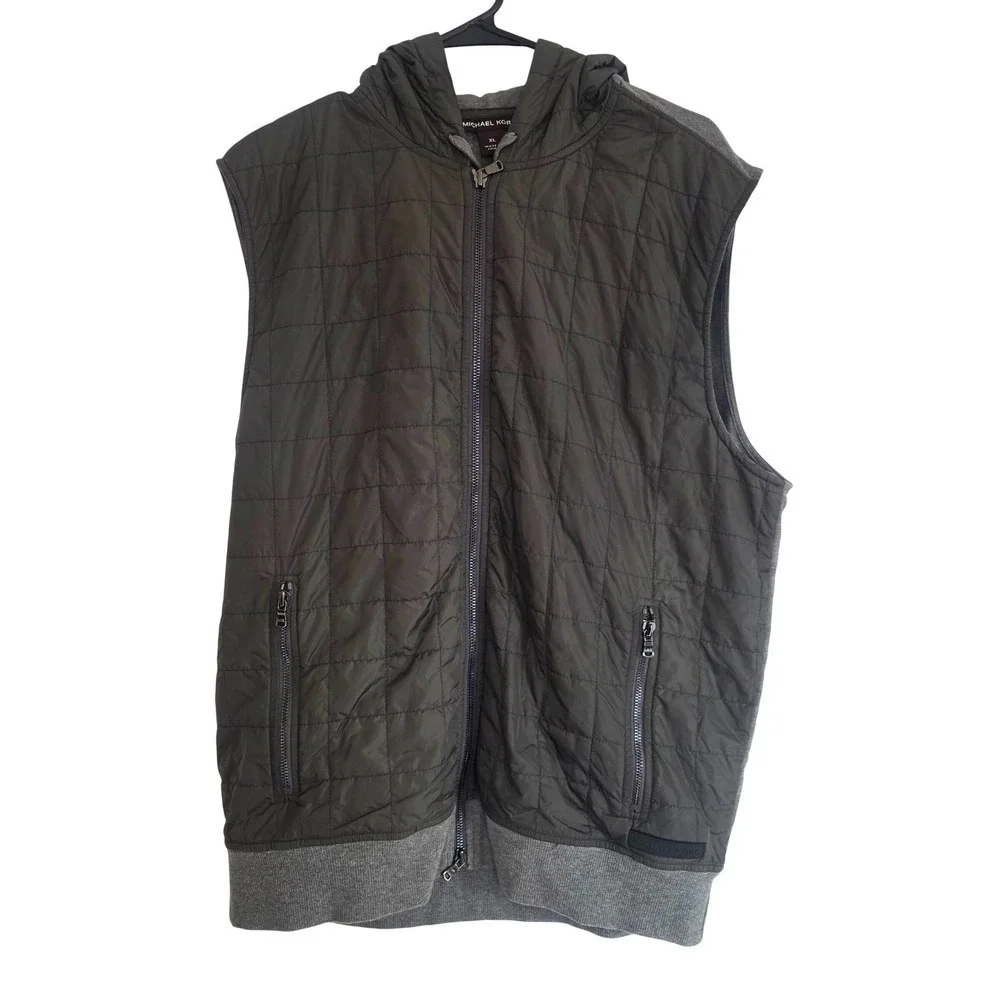 Michael Kors Mens‎ Quilted Vest Full Zip Hooded Olive Green Size XL